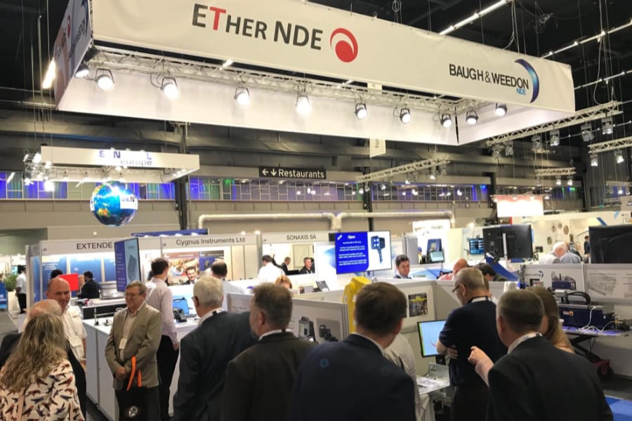 A busy ETher NDE Stand in Gothenburg,  ECNDT 2018 Platinum Sponsors.